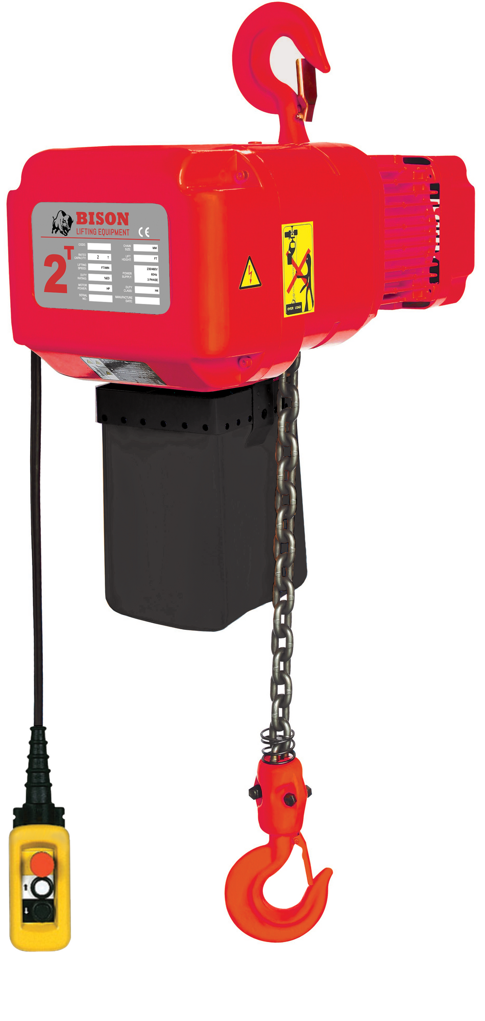 2 ton Electric Chain Hoist - Bison Lifting - Dual Speed, Three Phase, 20' Lift