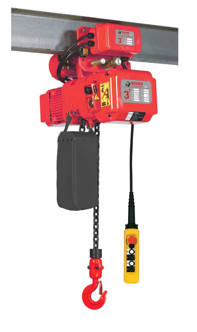 3 ton Electric Chain Hoist w/ Motorized Trolley - Bison Lifting - Single Speed, Three Phase, 20' Lift