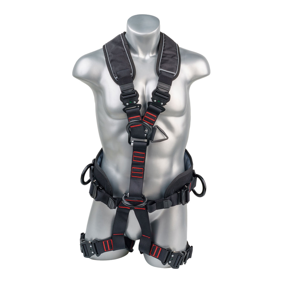 Safety Harness, 5pt,  Padded Legs Sewn In, 1 Back D-Ring, 2 Hip D-Rings, 2 Front D-Rings